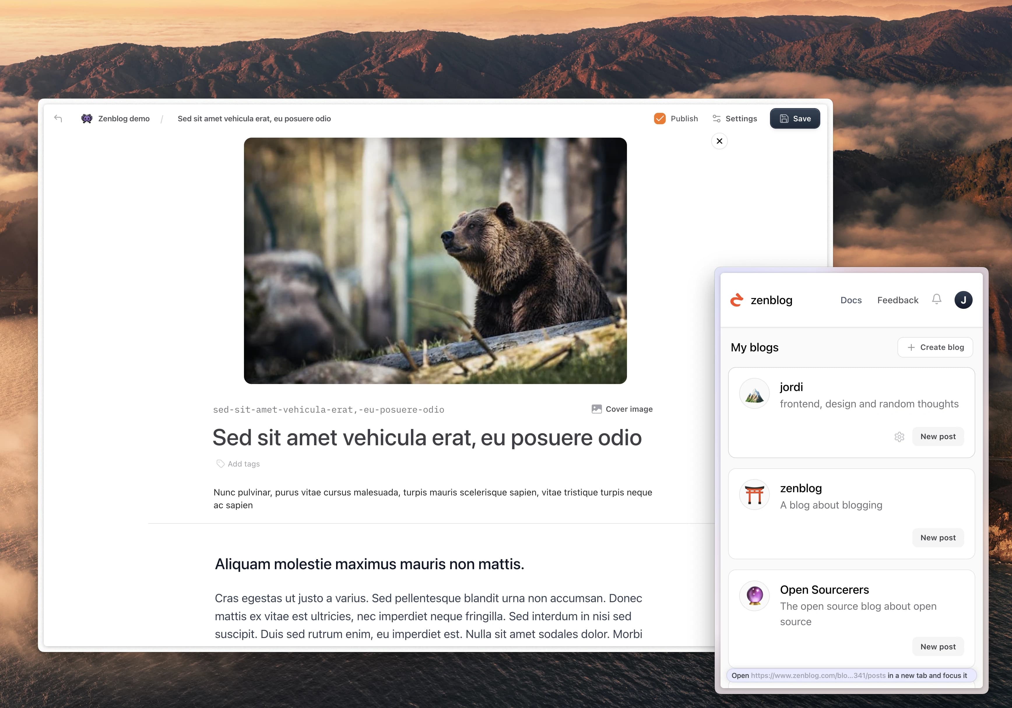 The zenblog editor UI